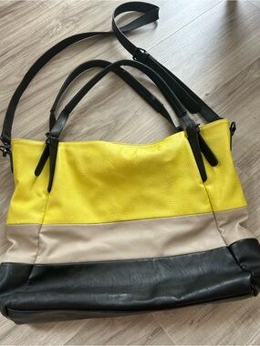 Steve Madden Yellow, Cream & Black Colorblock Leather Tote